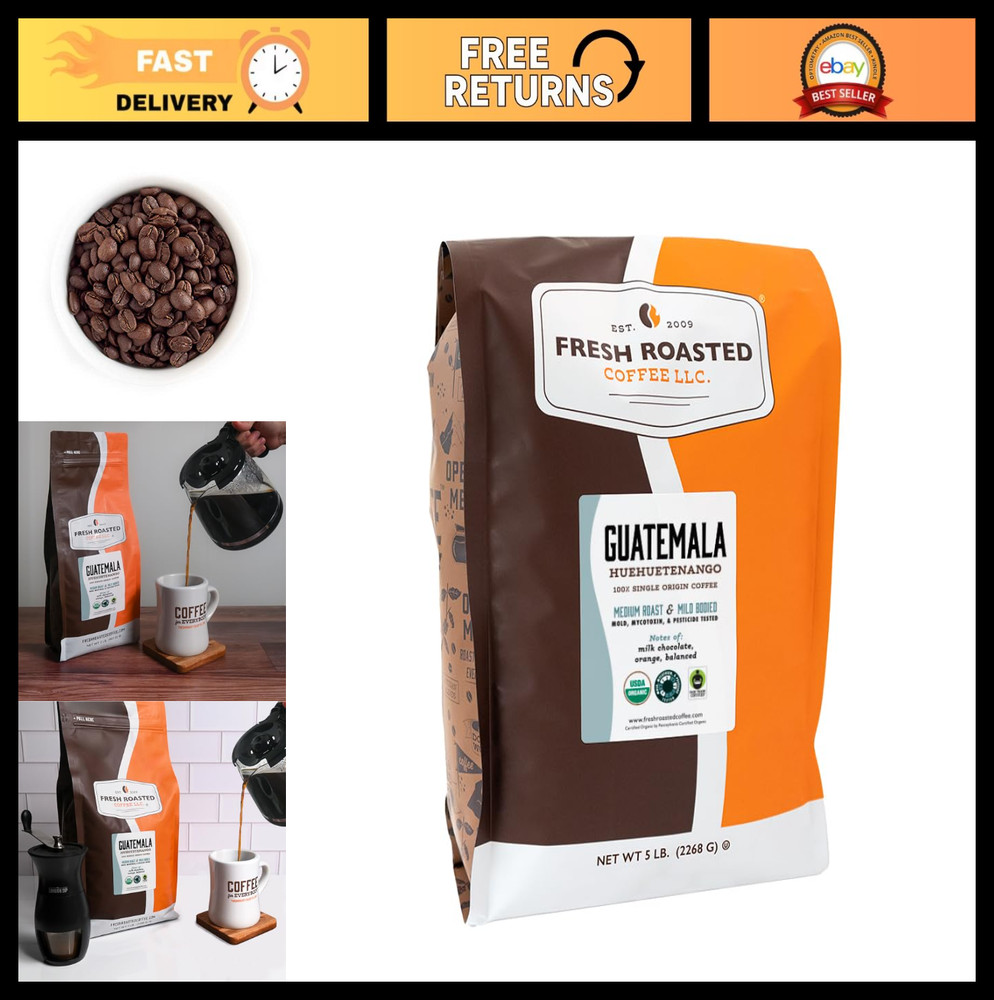 Organic Guatemala Coffee – Medium Roast Whole Bean, 5 lb, USDA Organic, Mold Tes