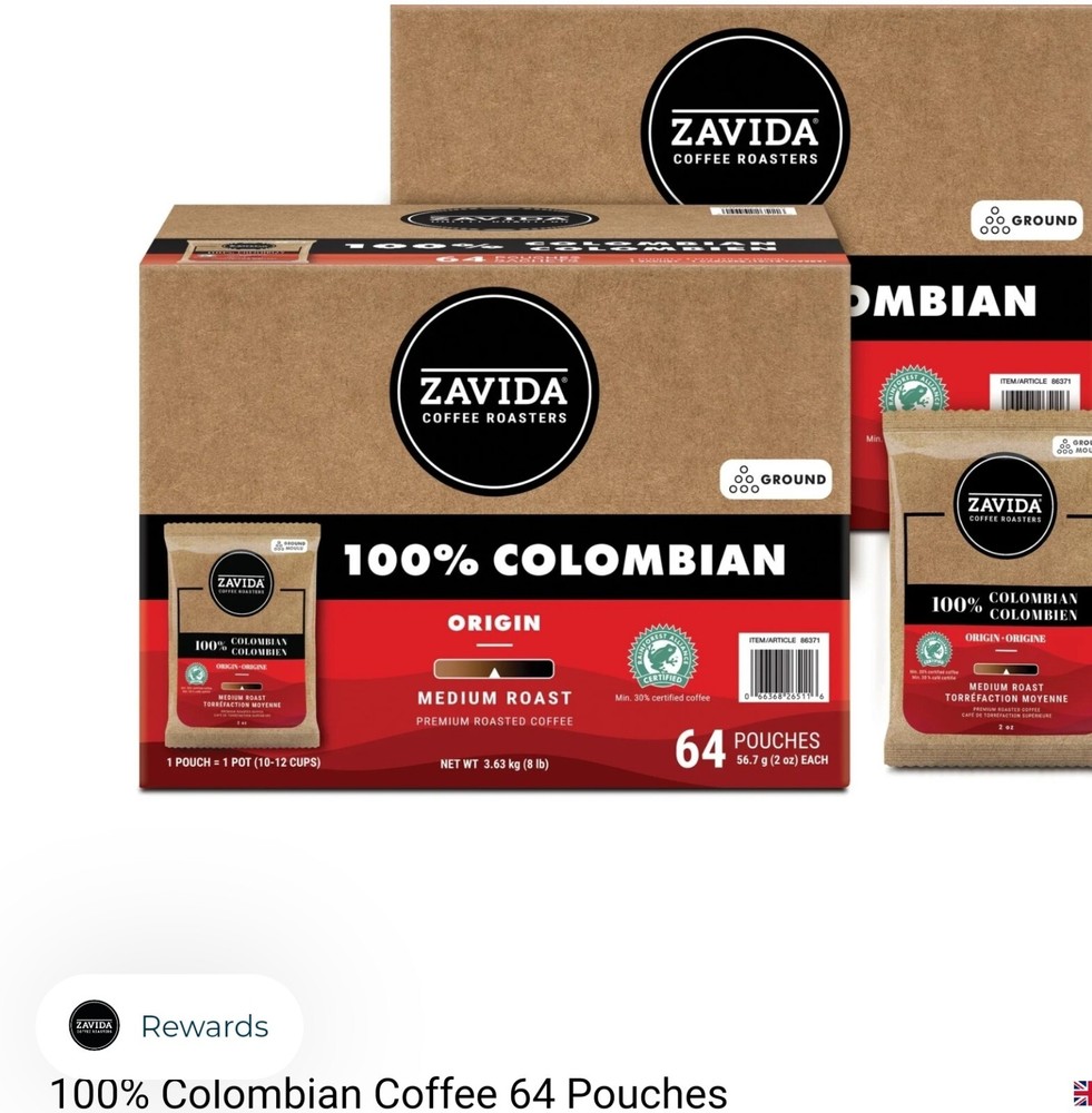 Zavida 100% Colombian Medium Roast Ground Coffee 64 pouches 56.7g/2 oz 3.6kg/8 l