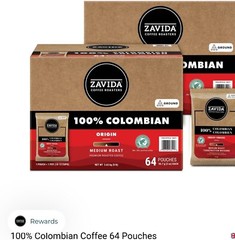 Zavida 100% Colombian Medium Roast Ground Coffee 64 pouches 56.7g/2 oz 3.6kg/8 l