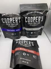 Cooper’s Cask Coffee Whole Bean Whiskey & Rum Barrel Variety 4 oz Bags (READ)