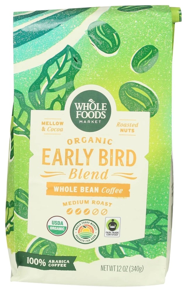 , Organic Early Bird Blend, Medium Roast Whole Bean Coffee, Cocoa & Roasted Nuts