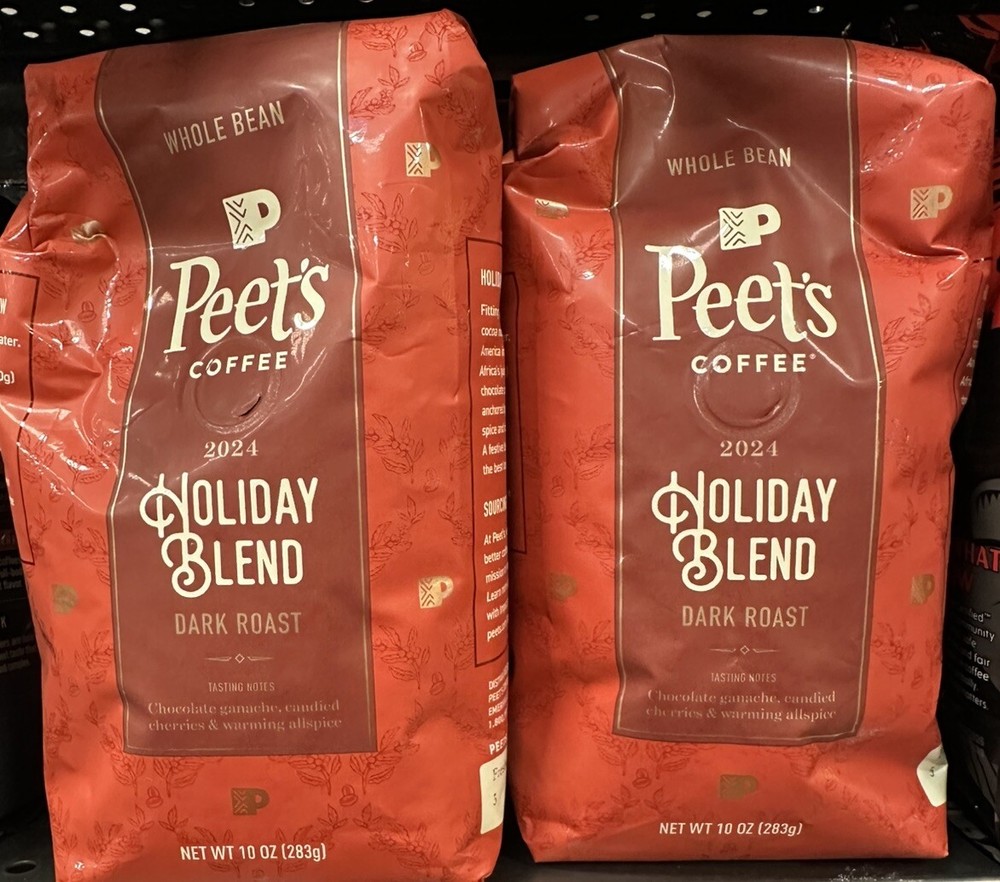2 Bags Peet’s Holiday Blend Whole Bean Coffee Dark Roast 10 Oz Exp 6/6/25 Peets