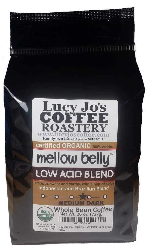 Lucy Jo’s Coffee Organic Mellow Belly Low Acid Medium Dark Roast Whole Bean 11oz