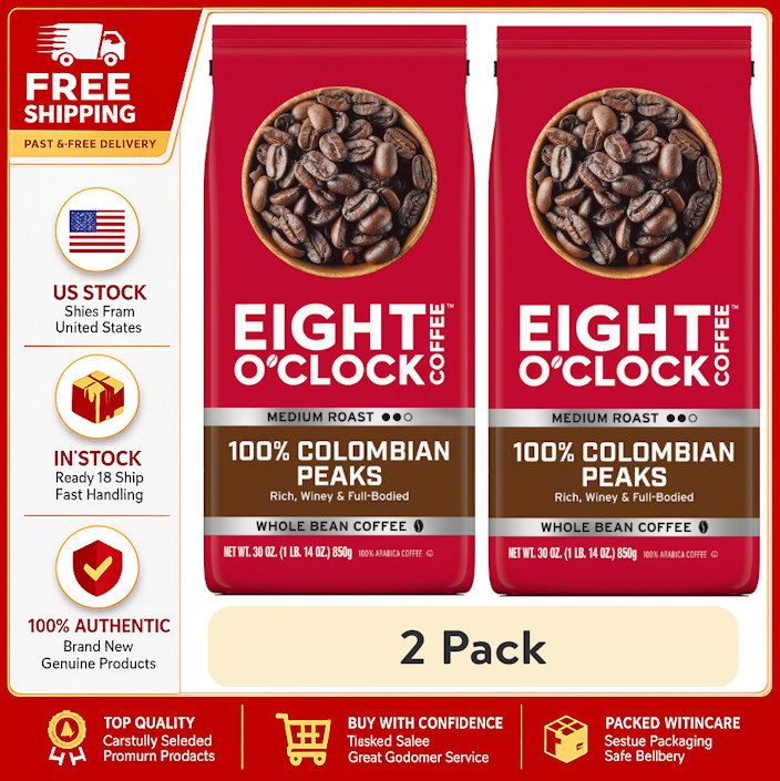 2 Pack Eight O’Clock Coffee Medium Roast Whole Bean 100% Colombian Peaks Coffee