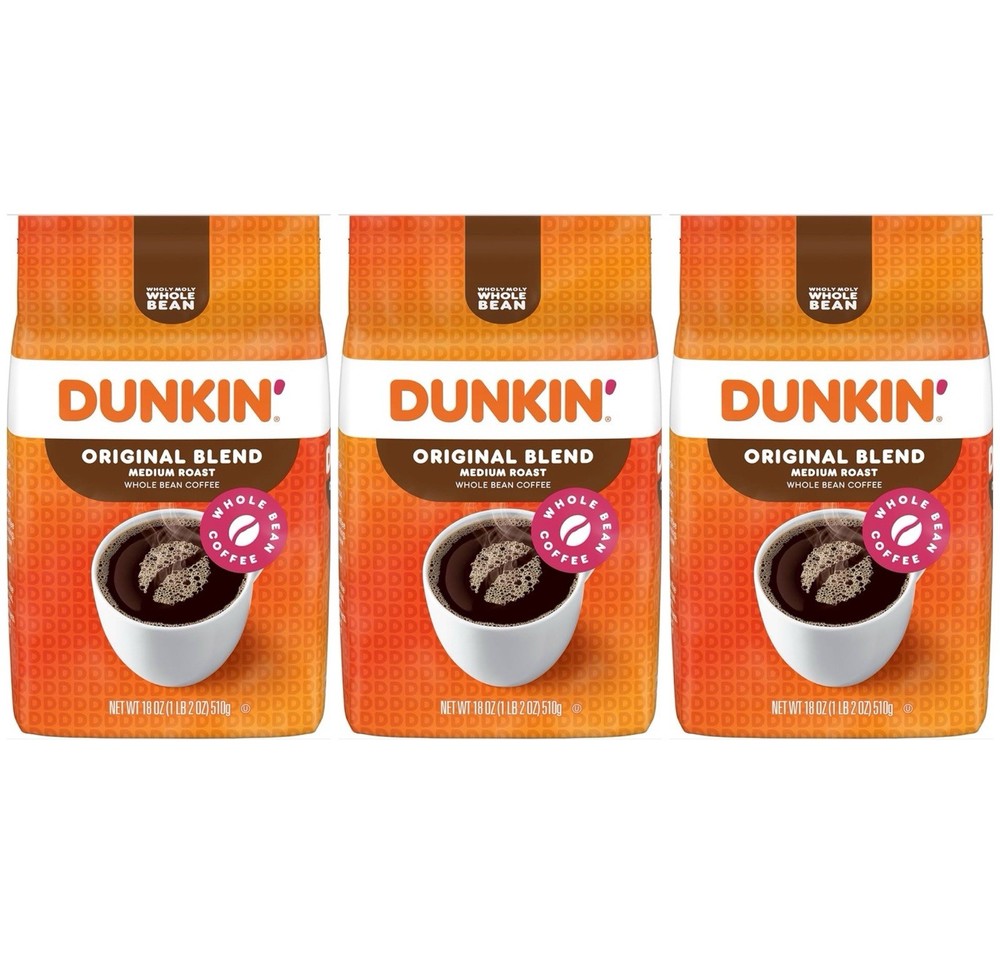 Dunkin Original Blend Medium Roast Whole Bean Coffee 3 Pack 18oz. 1LB 2 OZ EA