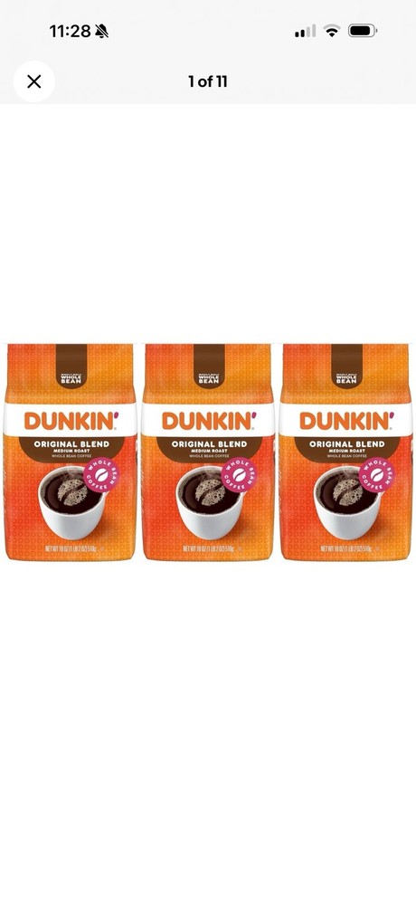Dunkin Original Blend Medium Roast Whole Bean Coffee 3 Pack 18oz. 1LB 2 OZ EA
