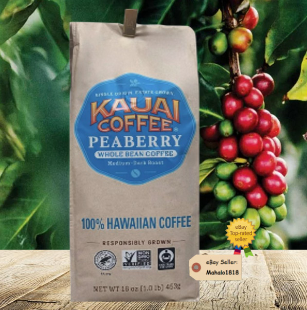 100% HAWAIIAN KAUAI PEA-BERRY MEDIUM-DARK ROASTED 1 POUND BAG
