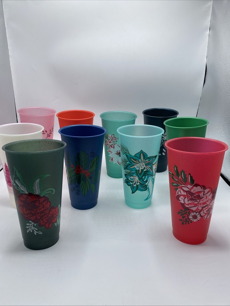 Starbucks Glitter Cold Cups Carnation Floral Print Holiday Christmas Plastic 10