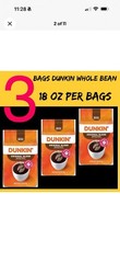 Dunkin Original Blend Medium Roast Whole Bean Coffee 3 Pack 18oz. 1LB 2 OZ EA