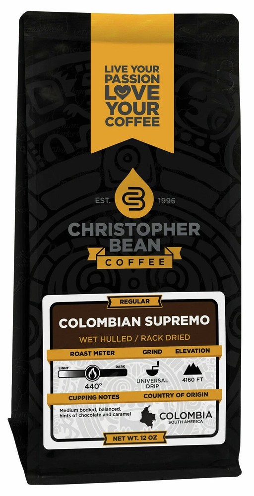 Christopher Bean Coffee COLOMBIAN SUPREMO Medium Roast 12oz Bag Regular