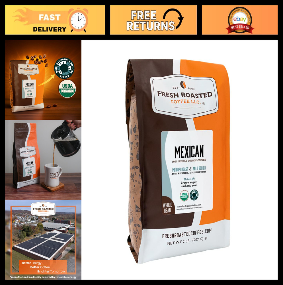 Organic Mexican Whole Bean Coffee – Medium Roast, 2 lb, USDA Certified, Mold & P