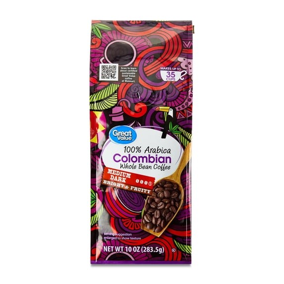 Great Value Colombian Whole Bean Coffee, Medium-Dark Roast, 10 oz Bag