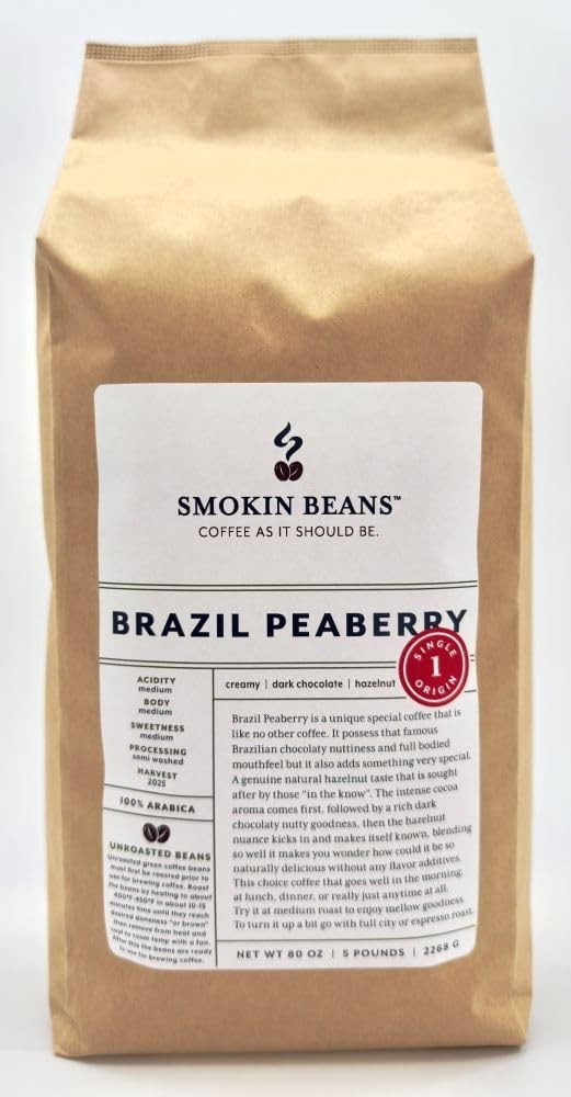 5-Pound Brazil Peaberry Unroasted Green Arabica Coffee Beans Fresh Current Crop