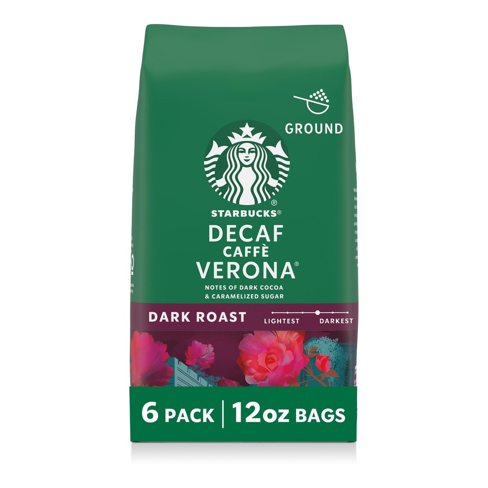 Starbucks Ground Coffee, Dark Roast 12 Ounce (Pack of 6), Decaf Caffe Verona