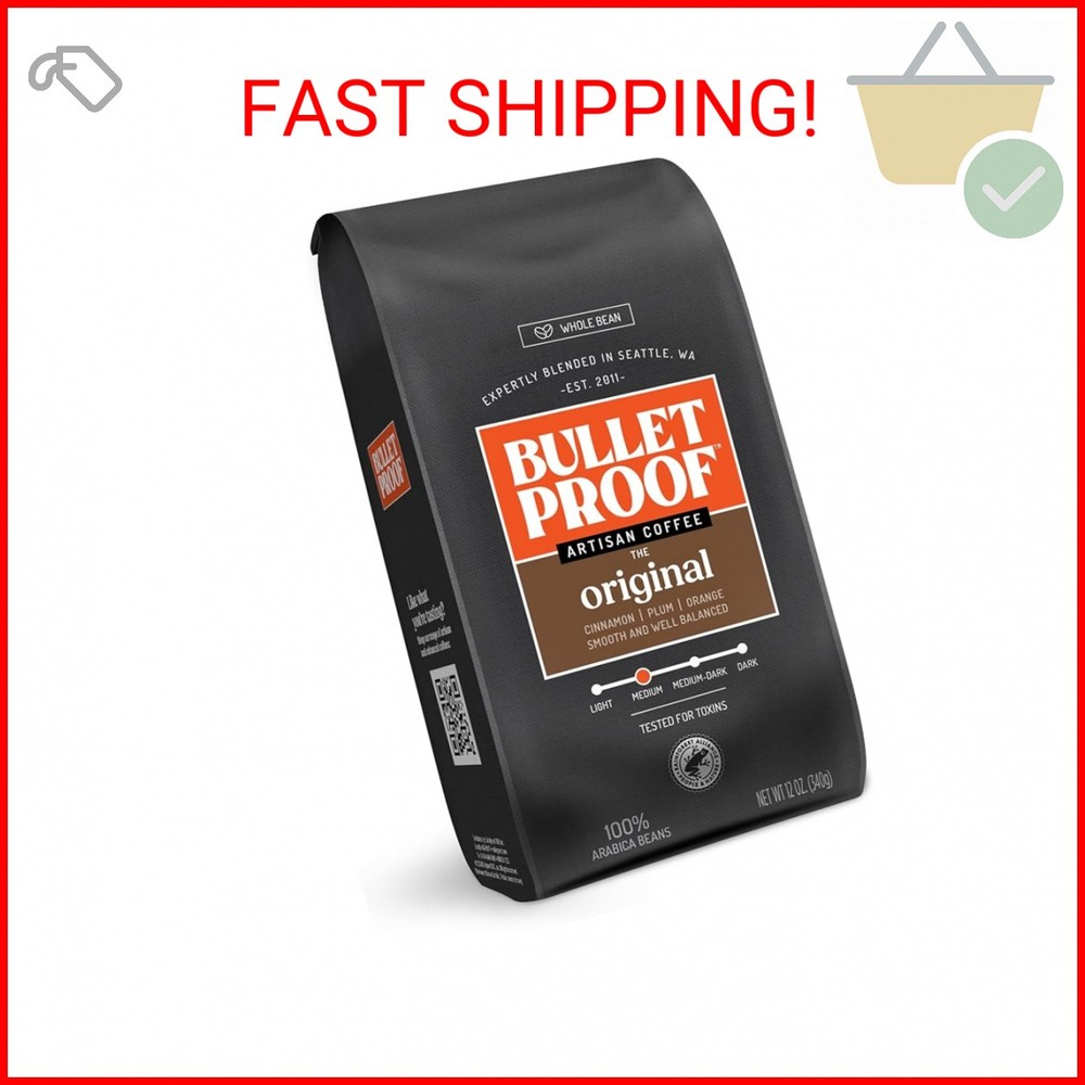 Bulletproof Original Medium Roast Whole Bean Coffee, 12 Ounces, Clean Coffee Tes