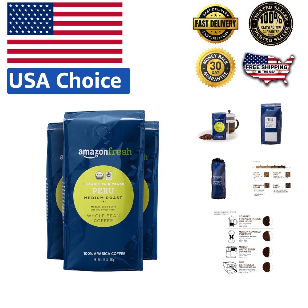 Organic Fair Trade Peru Whole Bean Coffee, Medium Roast – 12oz Pack of 3