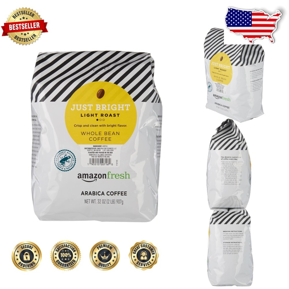 USA Roasted Just Bright Coffee 32oz Whole Bean Light Roast Arabica Smooth Finish