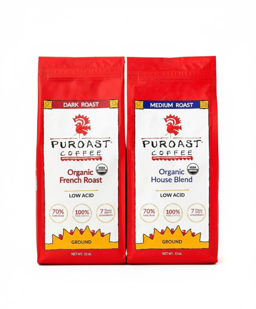 Puroast Organic Low Acid Coffee – Medium & Dark Roast 2 Pack, 12 Oz Each