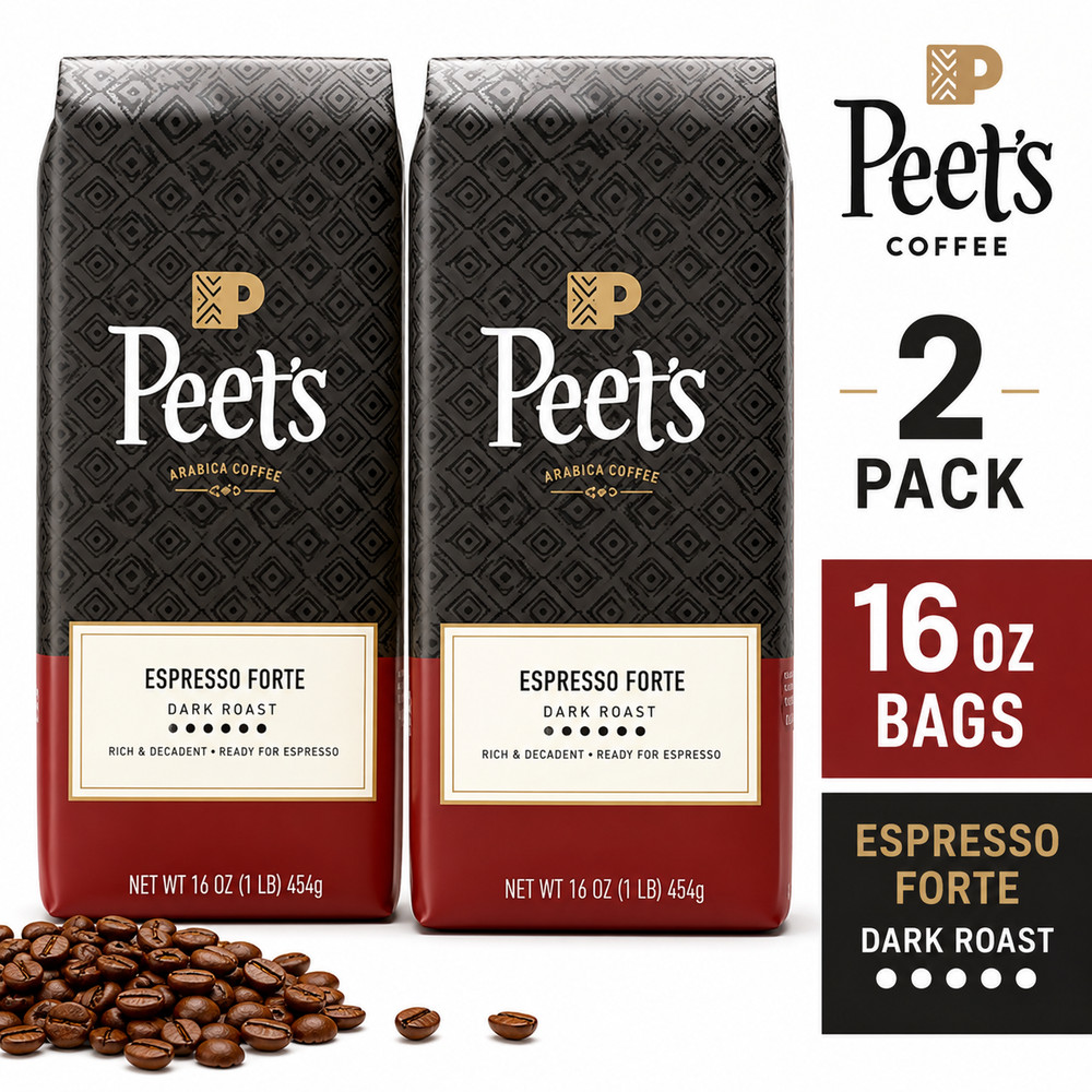 Peet’s Espresso Forte Whole Bean Coffee Dark Roast 16 oz Bags (2 Pack)