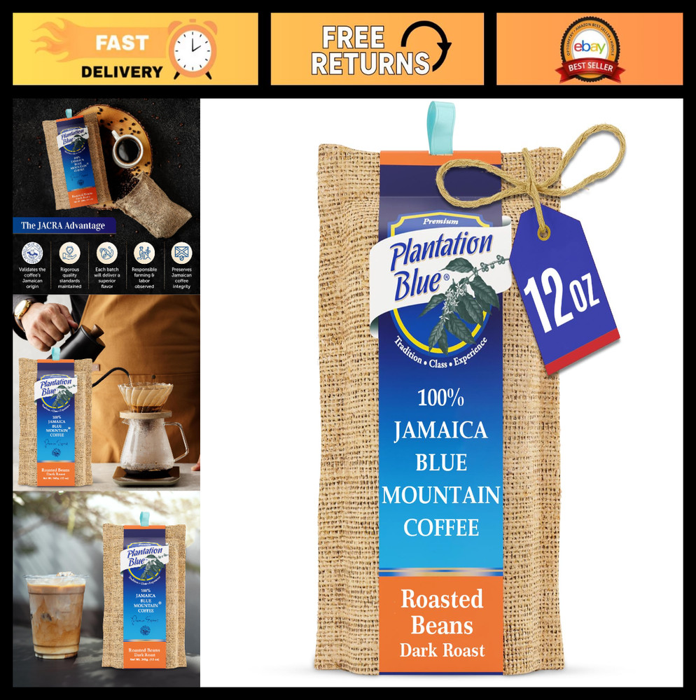 Premium Jamaican Blue Mountain Coffee, Dark Roast Whole Bean, 12oz – 100% Pure