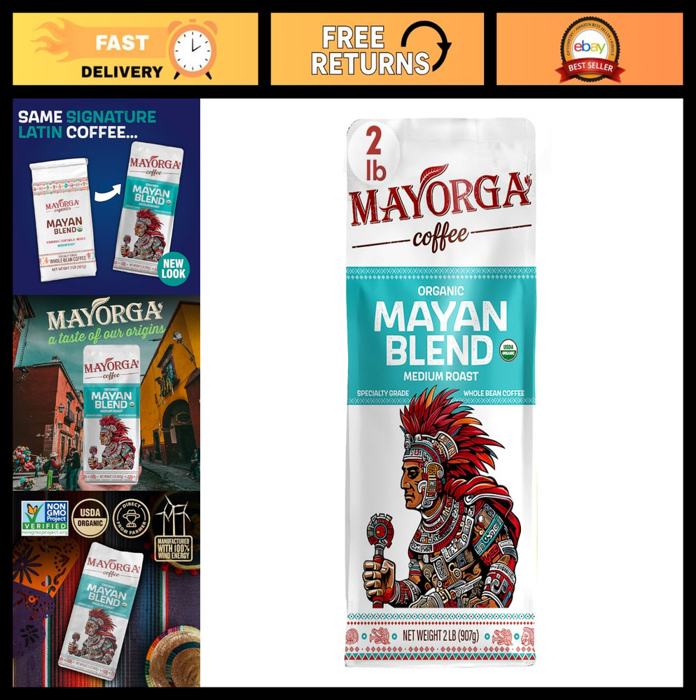 Organic Medium Roast Whole Bean Coffee 2lb – Mayan Blend, 100% Arabica, Low Acid