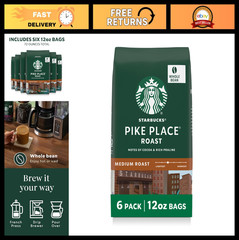 Medium Roast Whole Coffee Beans for Hot/Iced Coffee – Pike Place, 6 x 12oz Bags