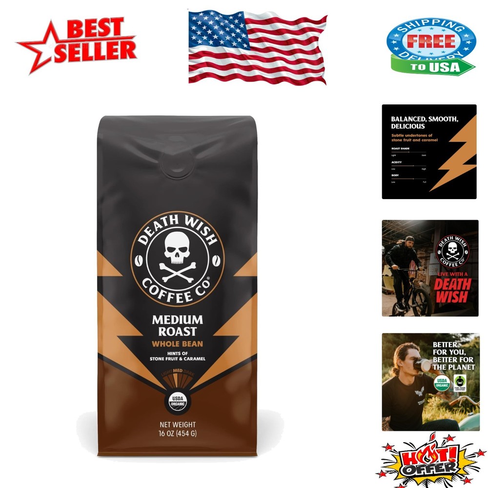 Ethically Sourced Organic Coffee, Medium Roast Whole Beans, 16 oz, High Caffeine