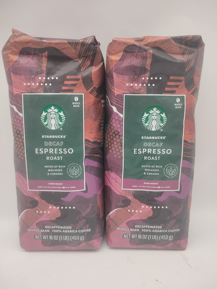 Starbucks Decaf Espresso Dark Roast Whole Bean Coffee 2-1lb / 16oz Bags