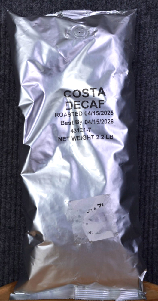 Decaf Bulk Whole Coffee Beans Costa Foil Sealed Vented 2.2 lb Bag BB 04/15/2026