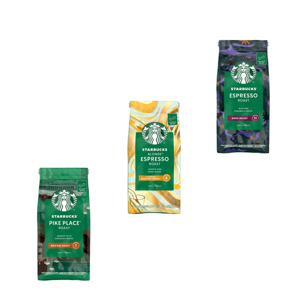 Starbucks Whole Bean Coffee 3 Pack Espresso Pike Place Blonde Roast 450g Each