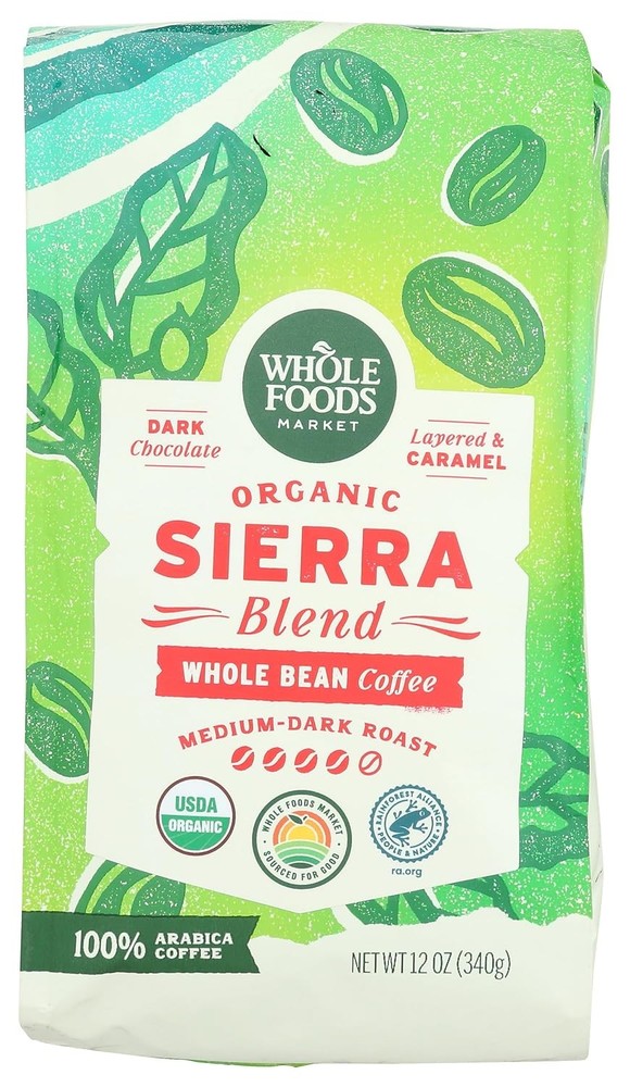 Organic Sierra Blend Whole Bean Coffee Medium-Dark Roast Dark Chocolate &
