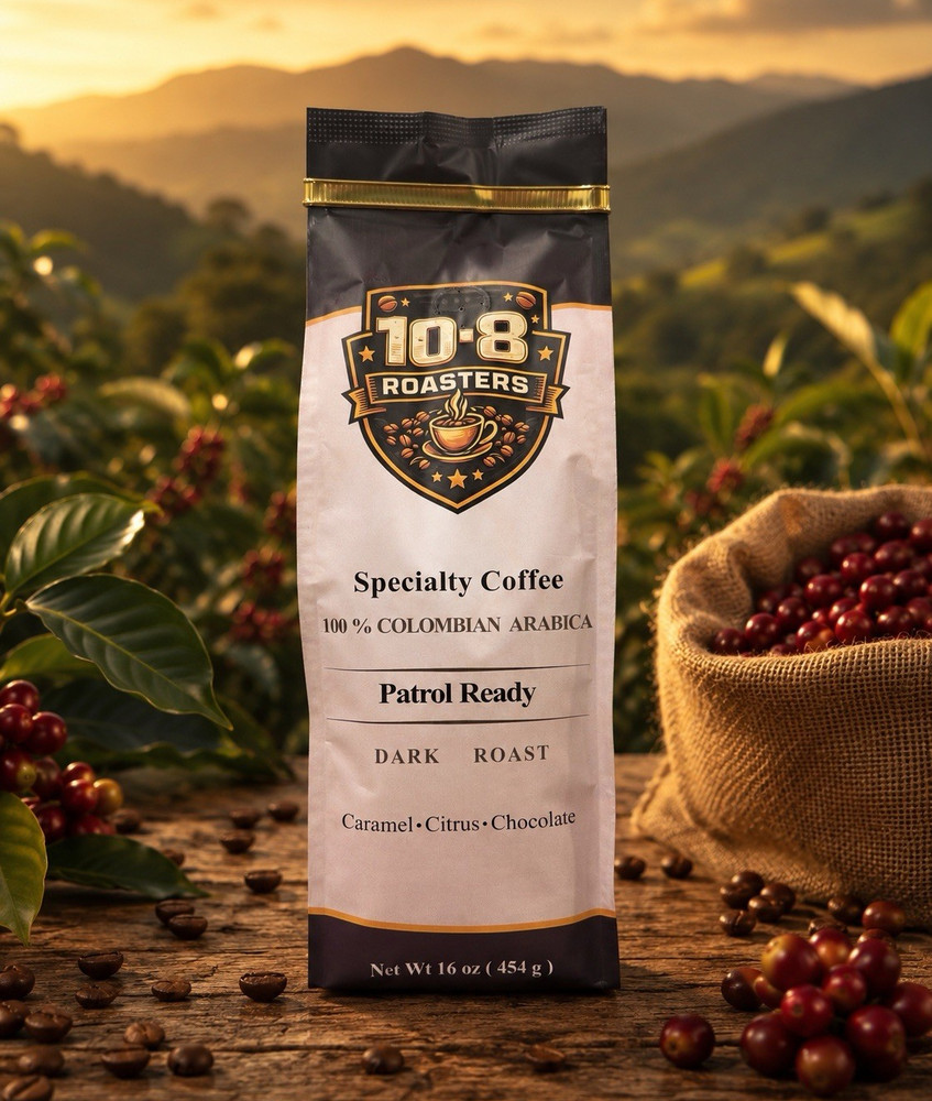 10-8 Roasters,Patrol Ready Dark Roast, Ground Coffee Colombia 16 oz