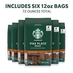 Starbucks Whole Bean Coffee, Six 12oz Pike Place Roast Bags, Hot/Iced