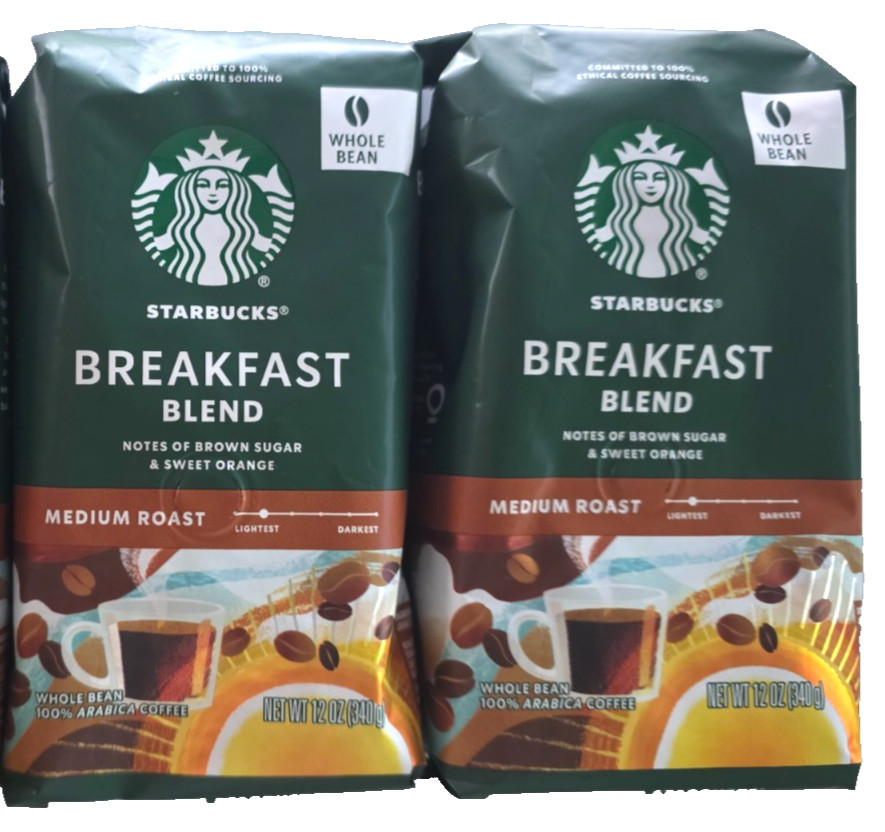 Starbucks Whole Bean Med Roast Coffee Breakfast Blend 2/12oz Bags