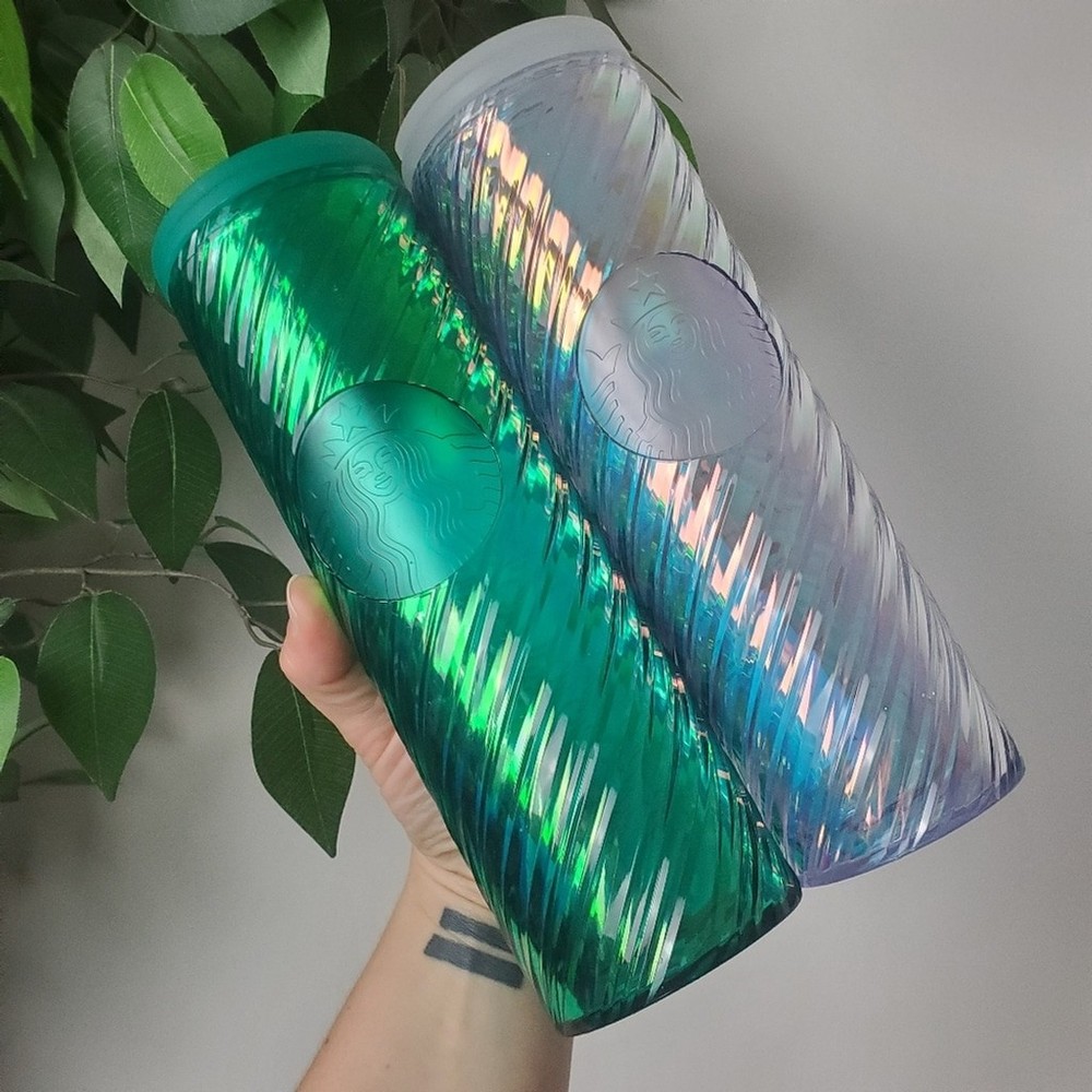 💚NEW🤍 Starbucks Iridescent Tumbler Set Green and White Unicorn Swirl Holiday