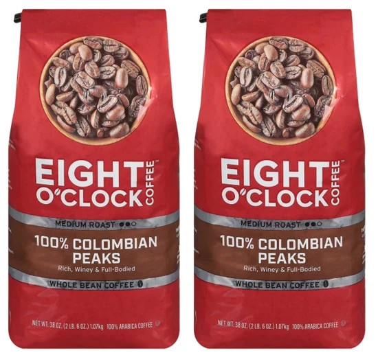 2 pack Eight O’Clock Medium Roast Whole Bean Coffee, 100% Colombian Peaks 38 oz.