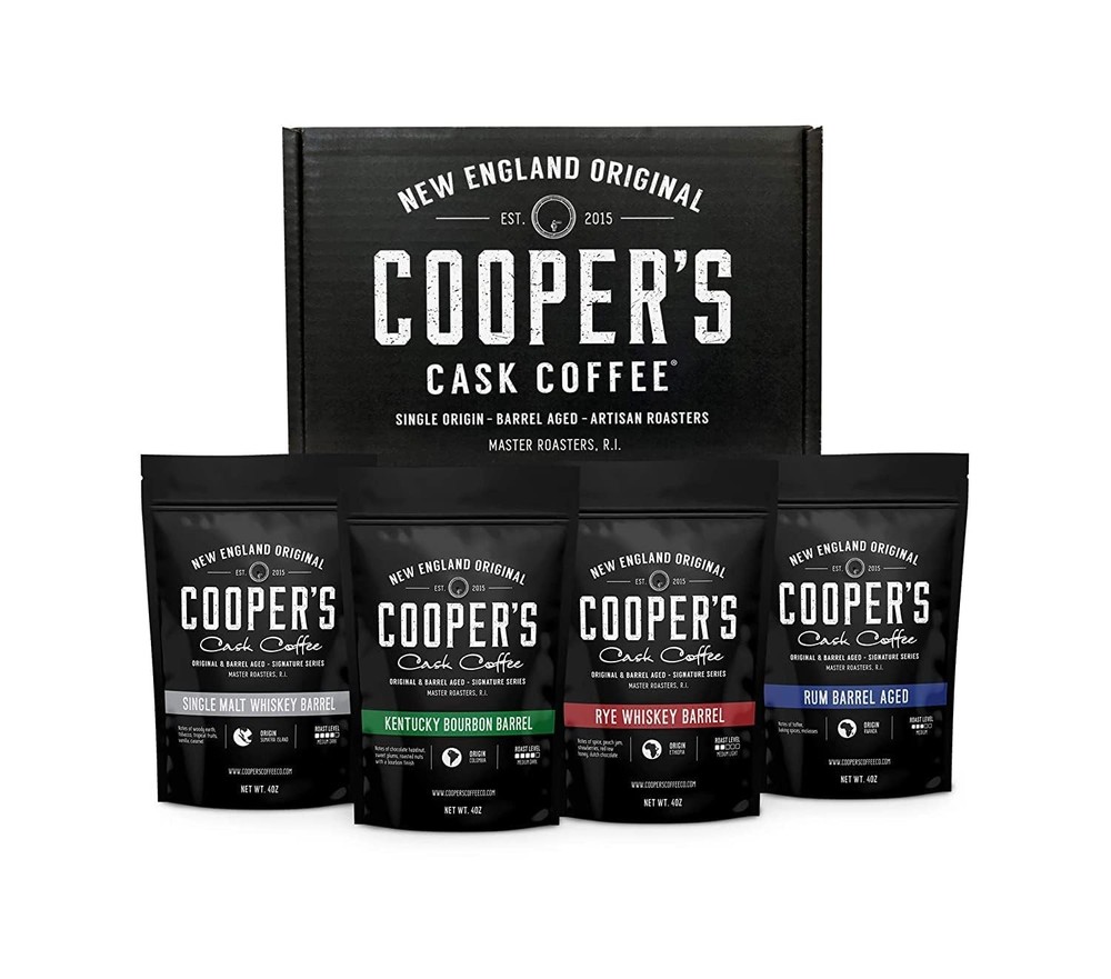 Bourbon & Whiskey Barrel Aged Coffee Box Set with Four Whole Bean Single Orig…