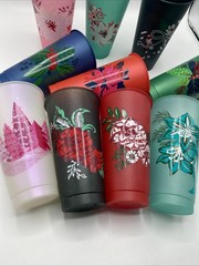 Starbucks Glitter Cold Cups Carnation Floral Print Holiday Christmas Plastic 10
