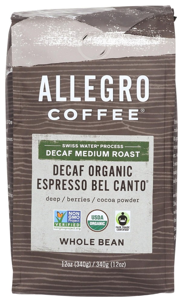 Decaf Organic Espresso Bel Canto Whole Bean Coffee, 12 oz