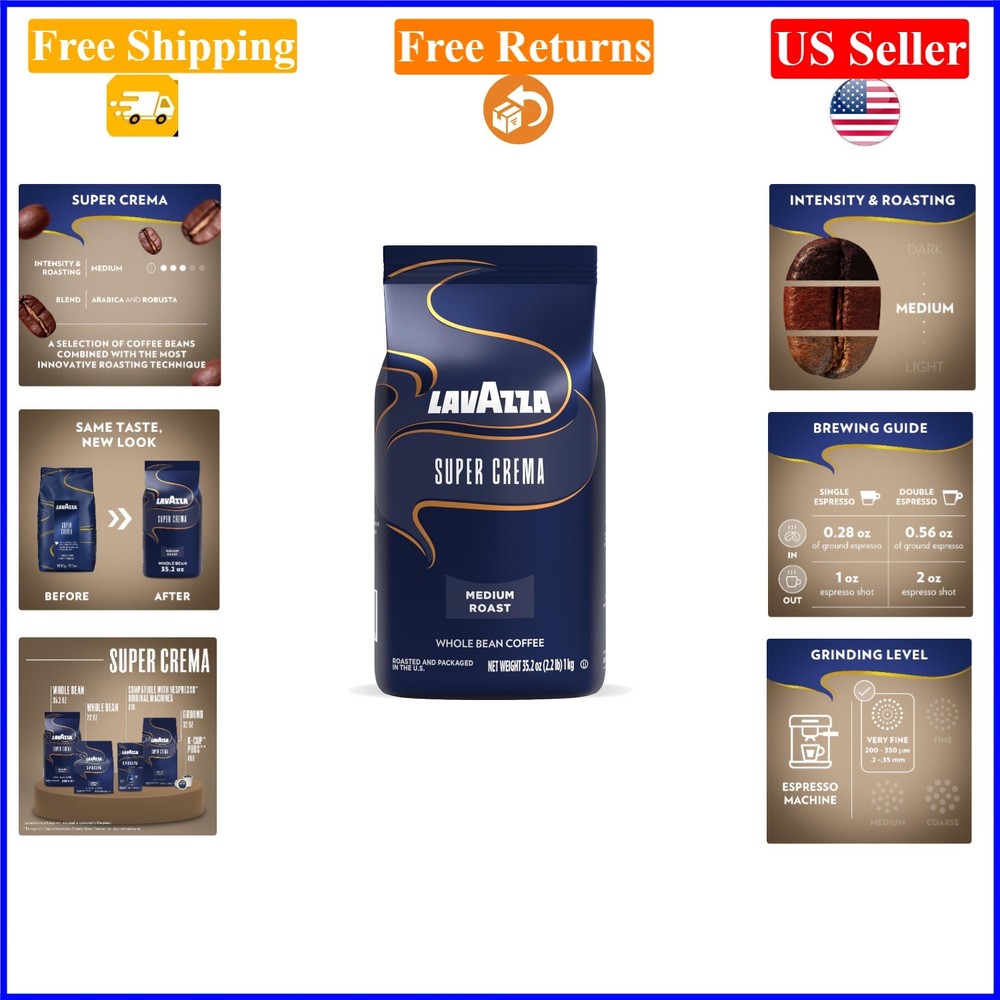 Super Crema Whole Bean Coffee 2.2 lb Medium Roast for Espresso, Arabica & Rob…
