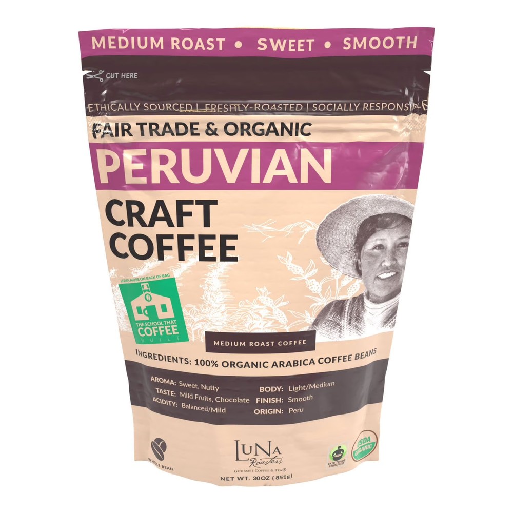 Luna Roasters Medium Roast Organic Peruvian Whole Bean Coffee, 30 Ounce