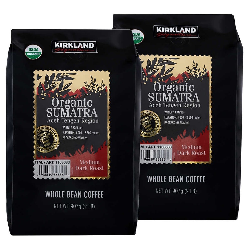 Kirkland Signature Organic Sumatra Whole Bean Coffee, 2 Lbs, 2-Pk