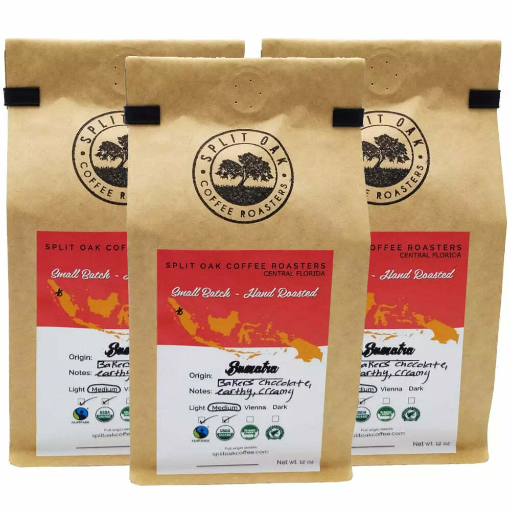 3 Pack Organic Sumatra Coffee, Medium Roast Chocolate , Hand Roasted 12 Oz, Whol