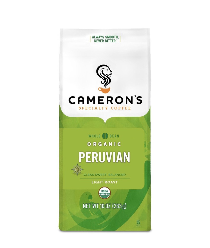 Cameron’s Peruvian Organic light roast whole bean coffee 10oz bag. lot of 4