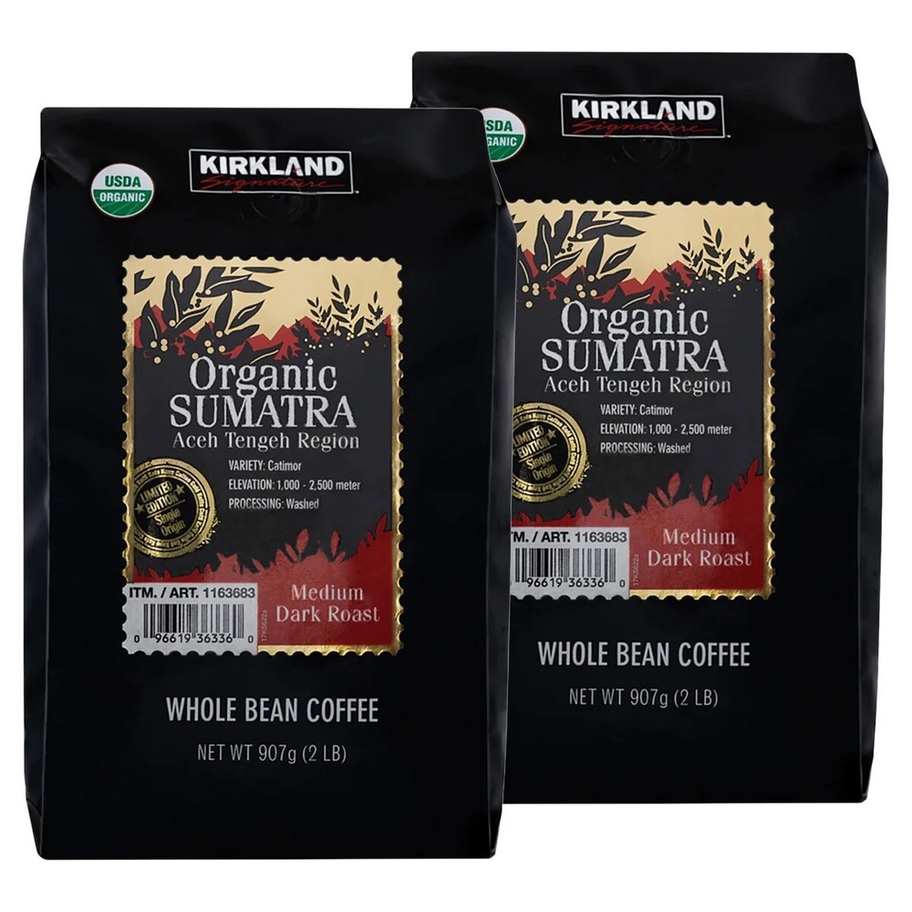2 PACK – Kirkland Signature Organic Sumatra Whole Bean Coffee 2 lb (Total 4 lbs)