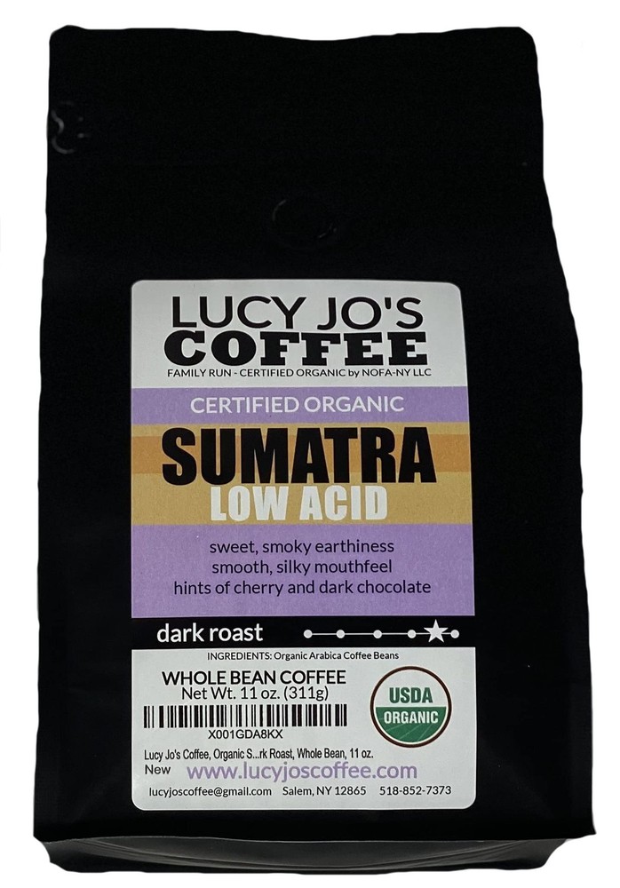 , Organic Sumatra, Low Acid, Dark Roast, Whole Bean, 11 oz.