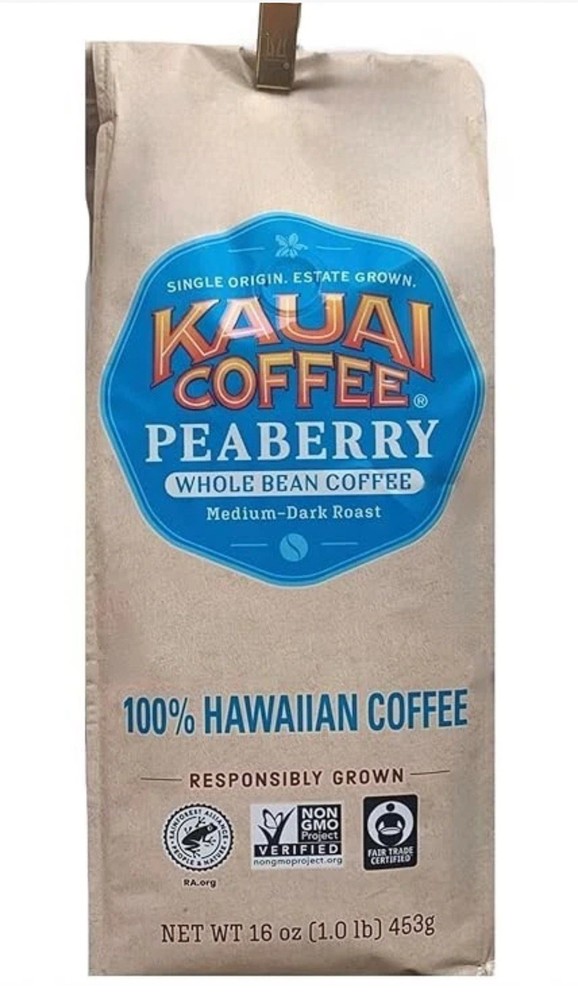 Kauai Coffee 100% Hawaiian Peaberry Whole Bean Coffee – 1 lb