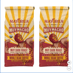 Mayorga Muy Macho, USDA Organic, Muy Dark Roast, Whole Bean Coffee, 2lb, 2-pack