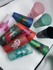 Starbucks Glitter Cold Cups Carnation Floral Print Holiday Christmas Plastic 10