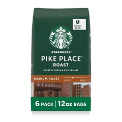 Starbucks Whole Bean Coffee, Six 12oz Pike Place Roast Bags, Hot/Iced